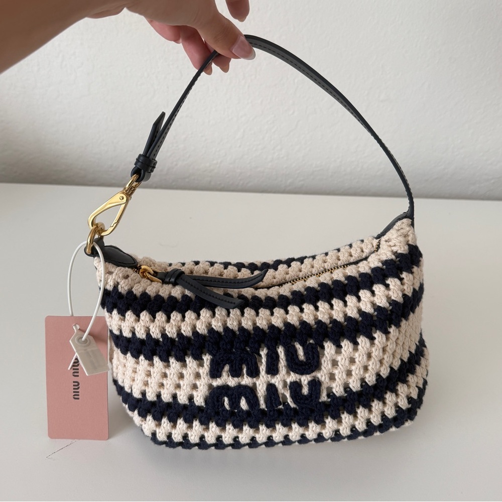 NWT Miu Miu Navy and Cream Crochet Shoulder Bag